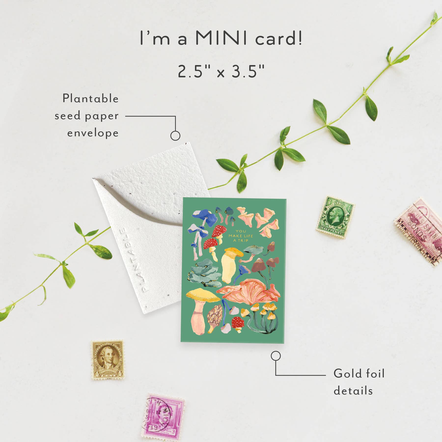 Shrooms Sprout - Friendship Mini Greeting Card (2.5" x 3.5")