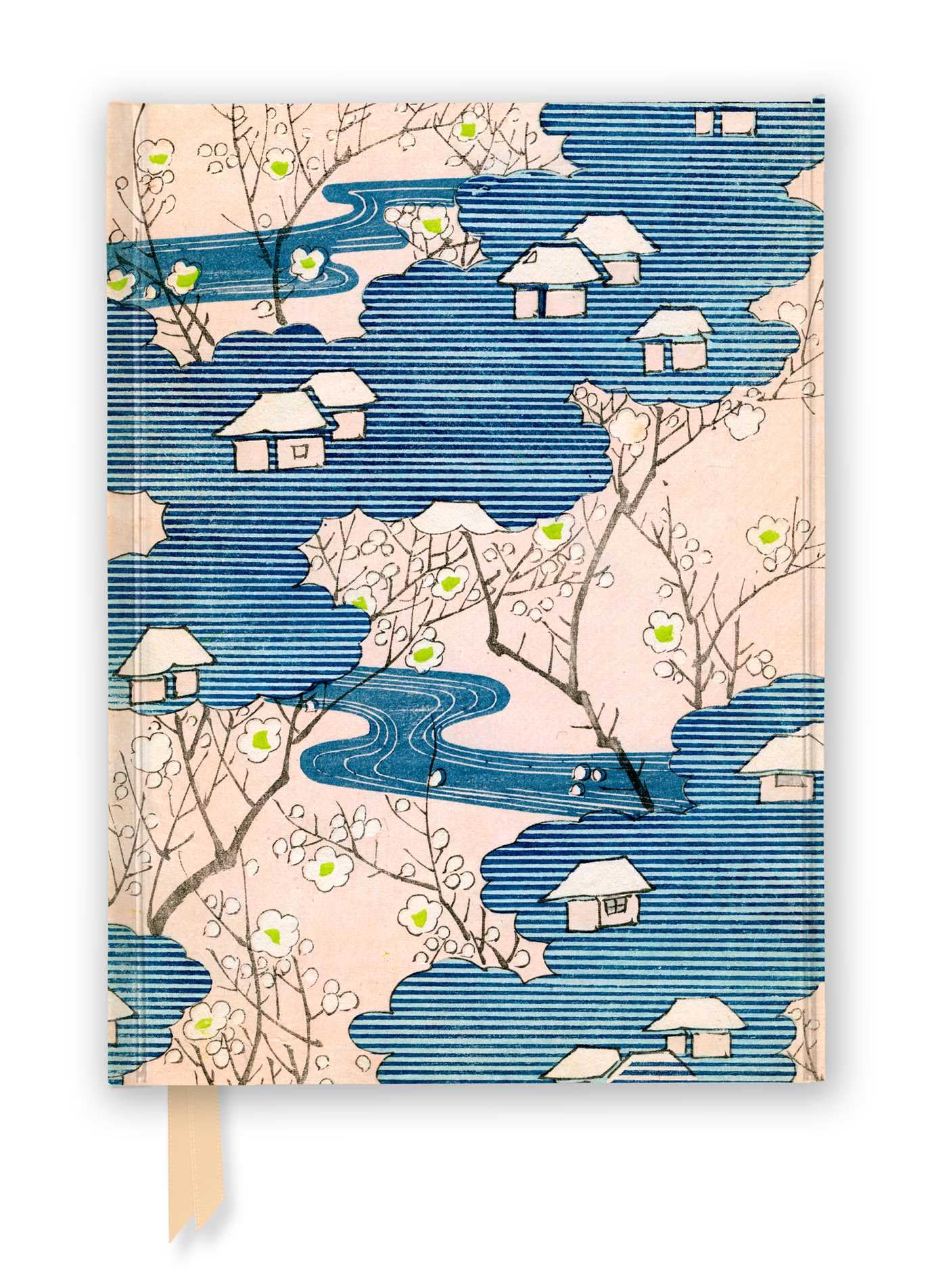 Japanese Woodblock: Cottages with Rivers & Cherry Blossoms (Foiled Journal) - Flame Tree Studio Cover Image